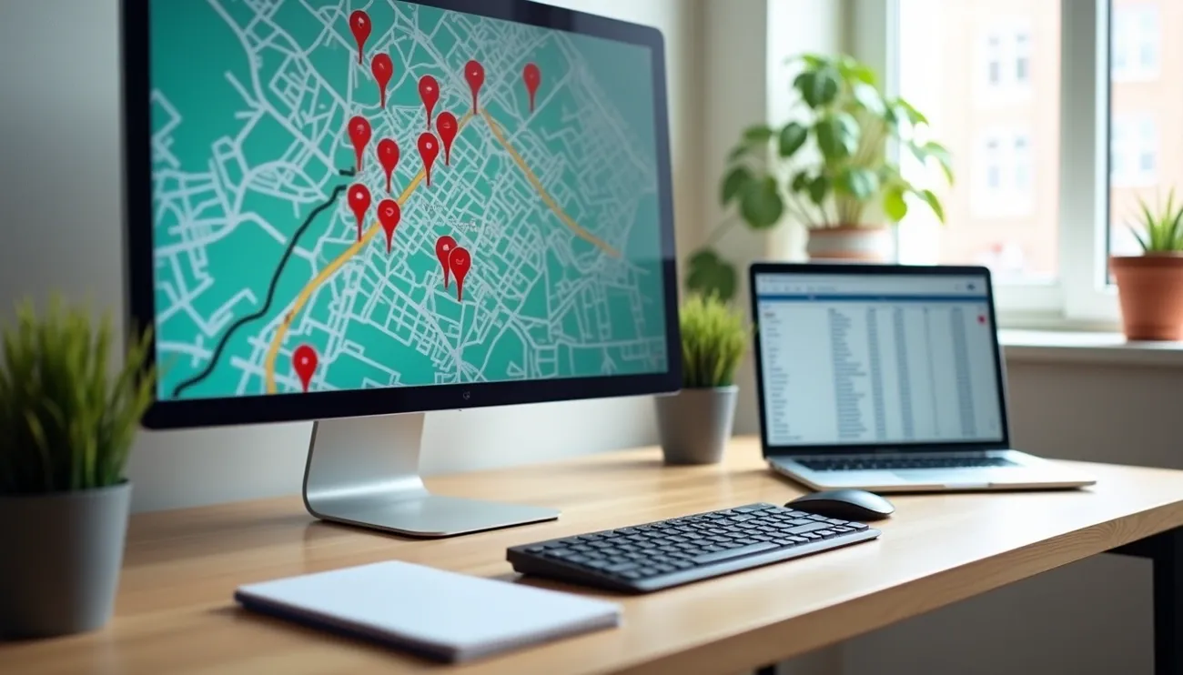Workspace with a desktop showing a map with red location pins and a laptop displaying a data spreadsheet by a window