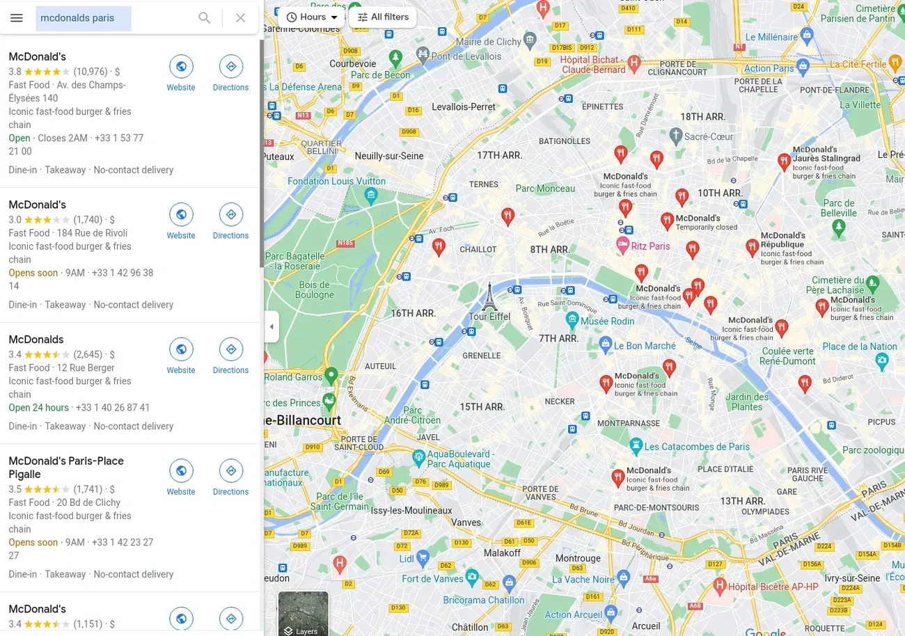 Google Maps search results and map showing multiple McDonald's locations in Paris with ratings and contact details.