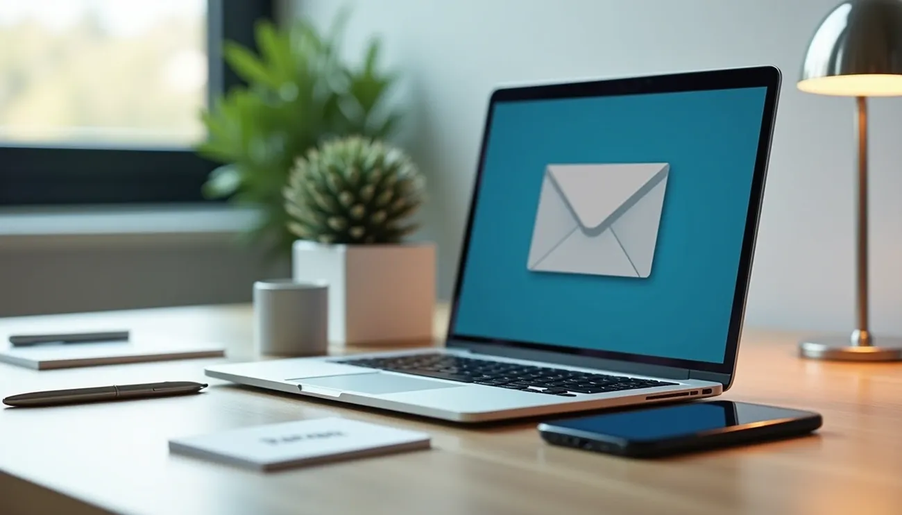 Laptop displaying an email icon on screen next to a smartphone on a desk with office supplies and a plant.
