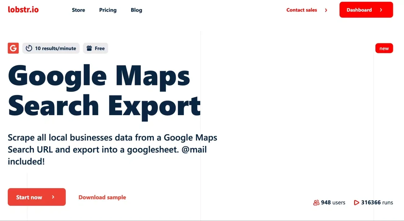 Website interface showing a Google Maps data scraper tool exporting local business data to Google Sheets.