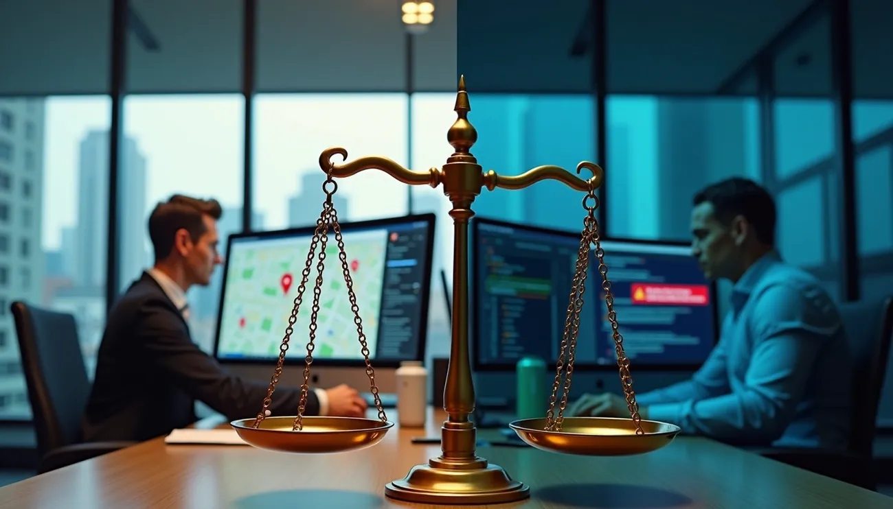 Golden scales of justice balanced on a desk between two professionals analyzing maps and data on computer screens.