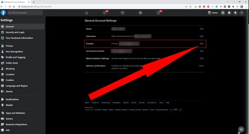 Facebook General Account Settings page showing how to edit the primary email address with a red arrow pointing to the Edit option.