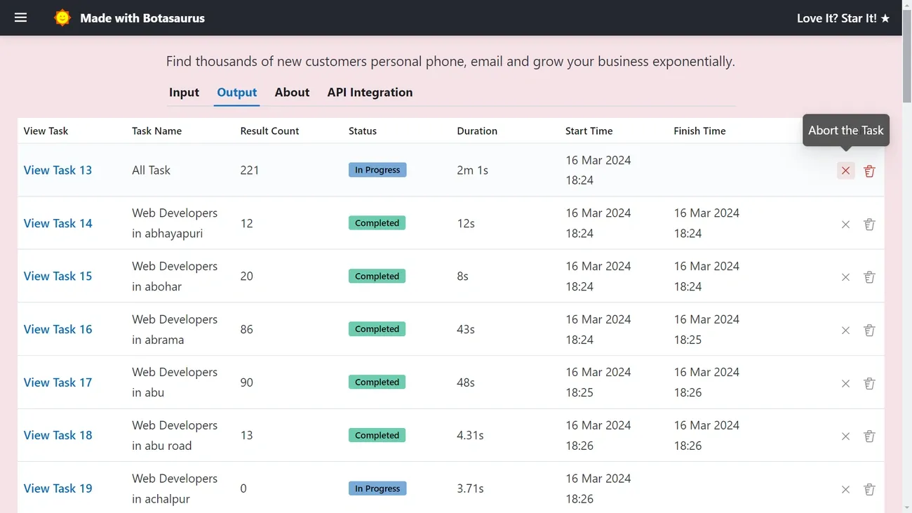 Screenshot of a task management dashboard showing web developer scraping tasks with status, duration, and timestamps.